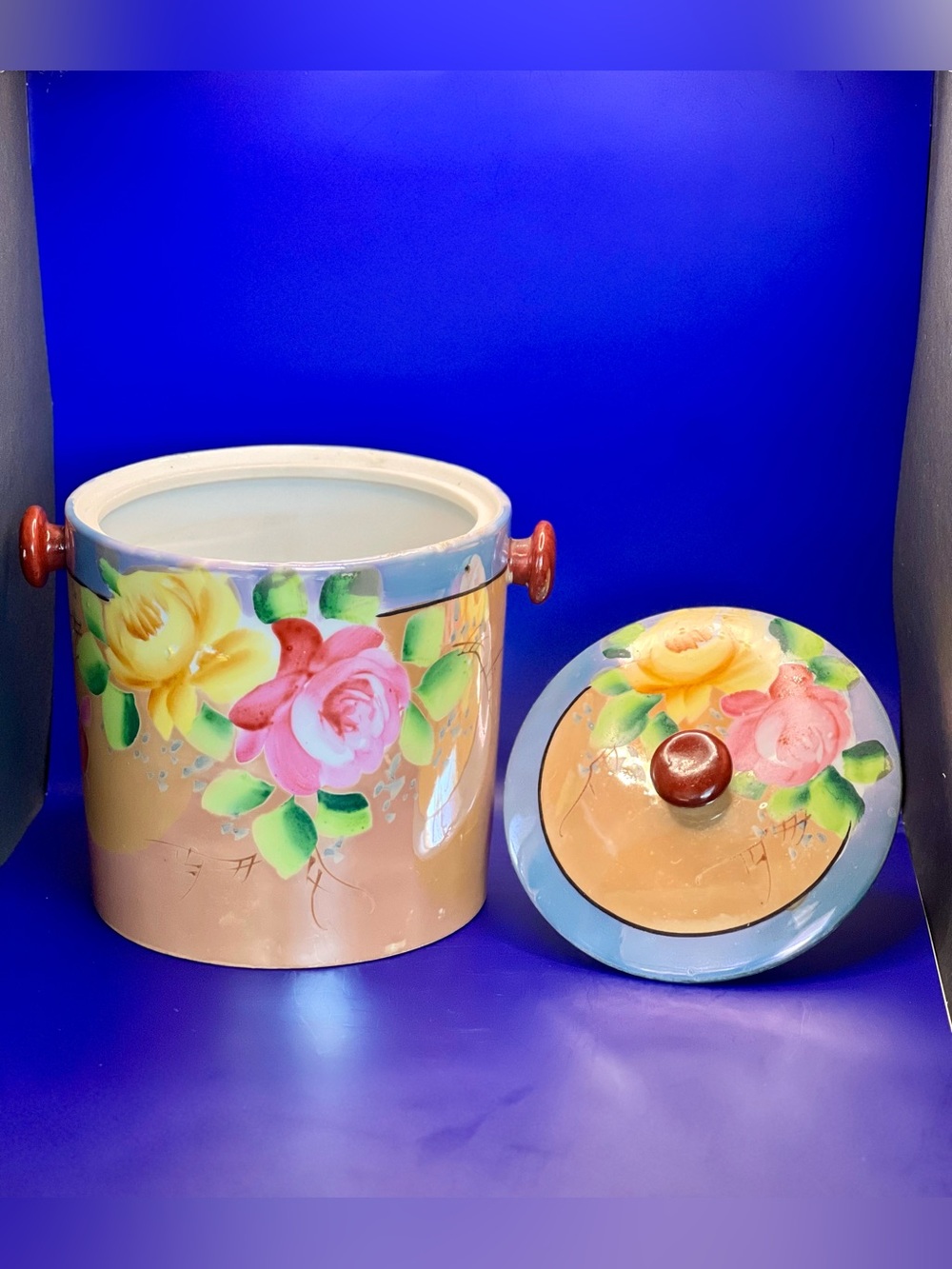 Vintage Hand-Painted Floral Iridescent Porcelain Ice Bucket | Made in Japan